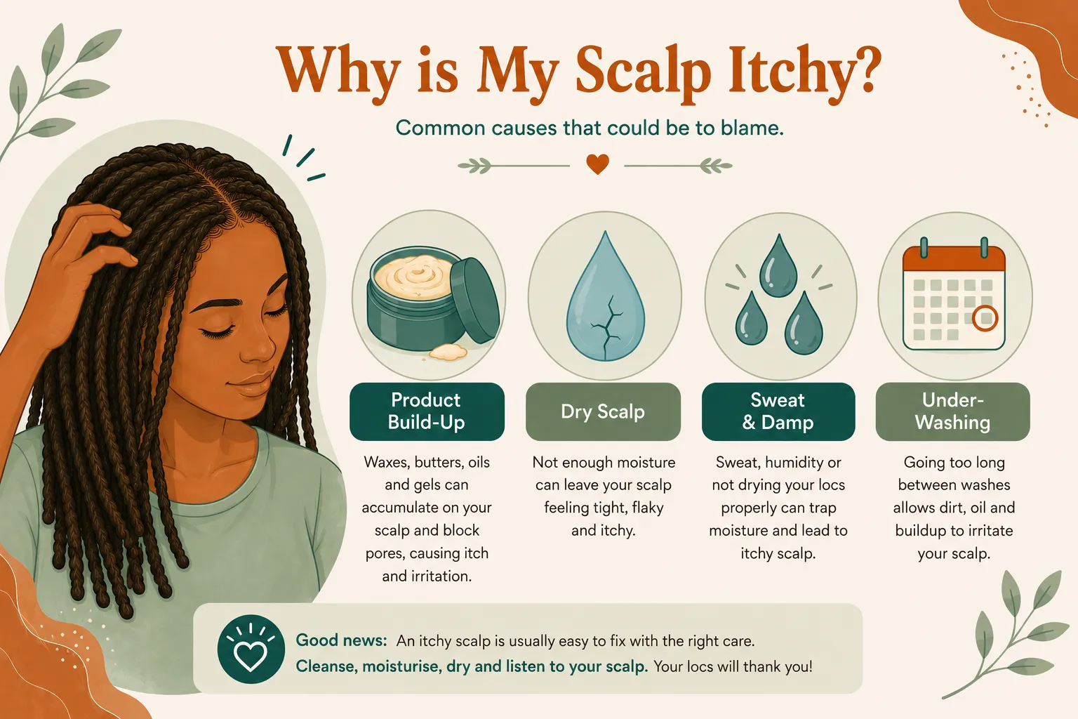 Common causes of an itchy scalp with locs: build-up, dryness, sweat and under-washing
