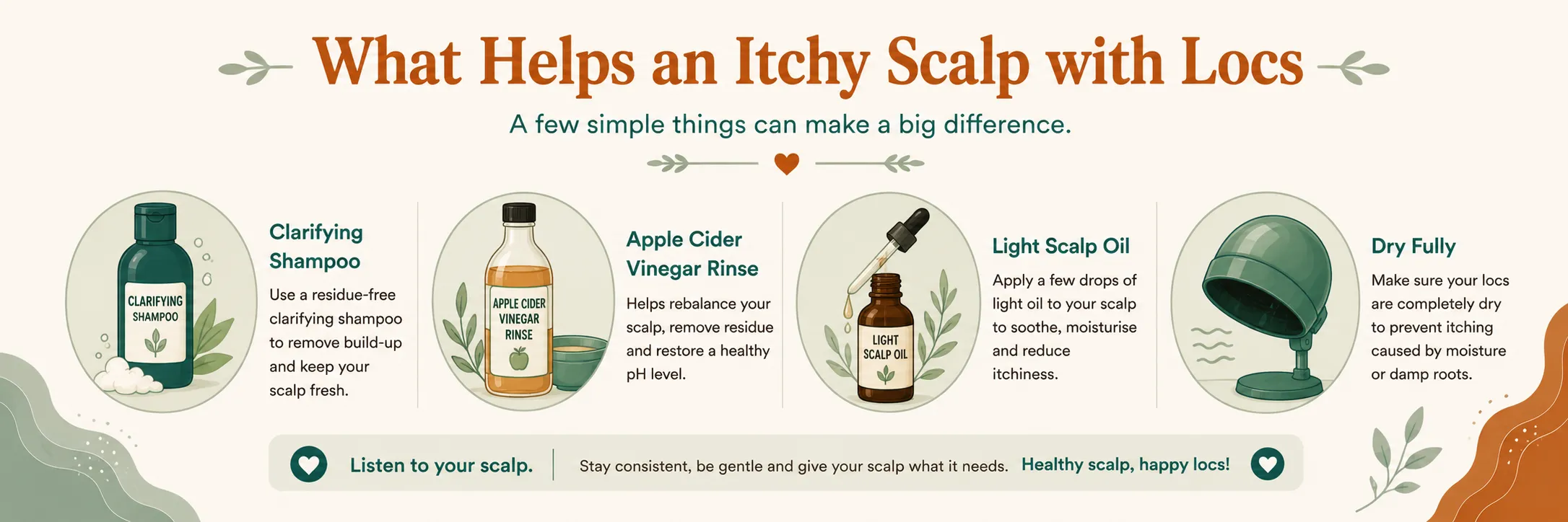 What helps an itchy scalp with locs: clarifying wash, ACV rinse, light oil, dry fully