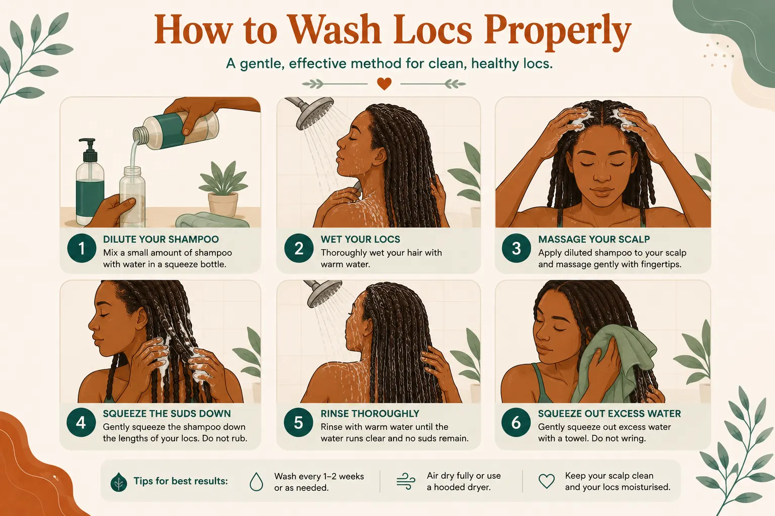 How to wash locs step by step, from diluting shampoo to squeezing out the water